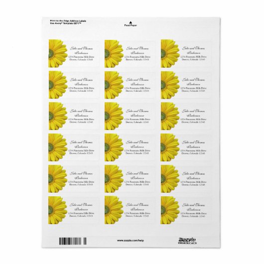 Gele Gerbera Daisy Bloem Bruiloft Adres Etiket (Full Sheet)