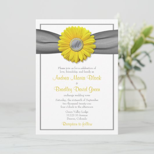 Gele Gerbera Daisy Gray Ribbon Uitnodiging (Staand voorkant)