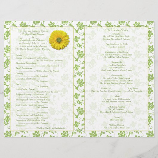 Gele Gerbera Daisy Green Floral Wedding Programme (Achterkant)