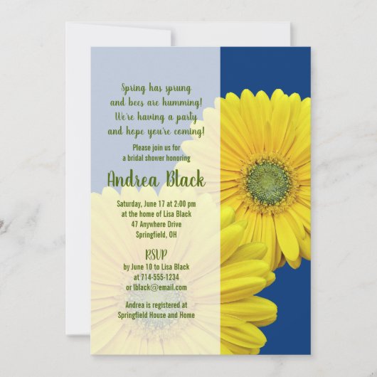 Gele Gerbera Daisy Navy Bridal Shower Invitation Kaart (Voorkant)