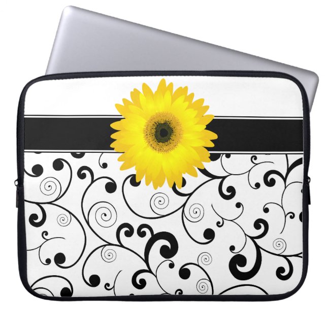 Gele Gerbera Daisy op zwarte en witte scroller Laptop Sleeve (Voorkant)