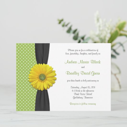 Gele Gerbera Daisy Polka Dot Wedding Uitnodiging (Staand voorkant)