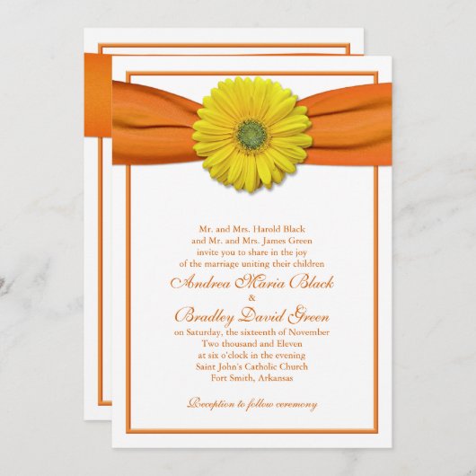 Gele Gerbera met Oranje lintuitnodiging Kaart (Voorkant / Achterkant)