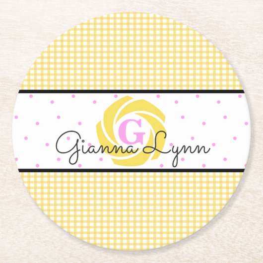 Gele geruite monogram ronde kartonnen onderzetter (Voorkant)