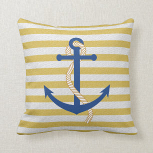 Gele gestreepte Nautical Sierkussen Blue Anchor