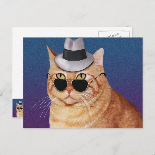 Gele gestripte kat met zonnebril en Pet Briefkaart (Voorkant / Achterkant)