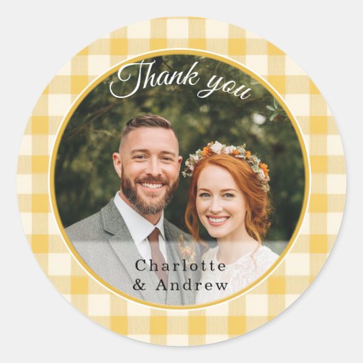 Gele Gingham Bedankje Foto Ronde Sticker (Voorkant)