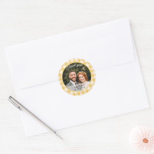 Gele Gingham Bedankje Foto Ronde Sticker (Envelop)