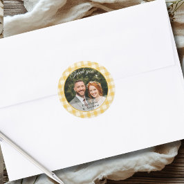 Gele Gingham Bedankt Foto Ronde Sticker