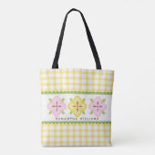 Gele Gingham Bloemen Monogram Tote Bag (Achterkant)