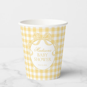 Gele Gingham Coquette Strik Babyfeestje Papieren Bekers
