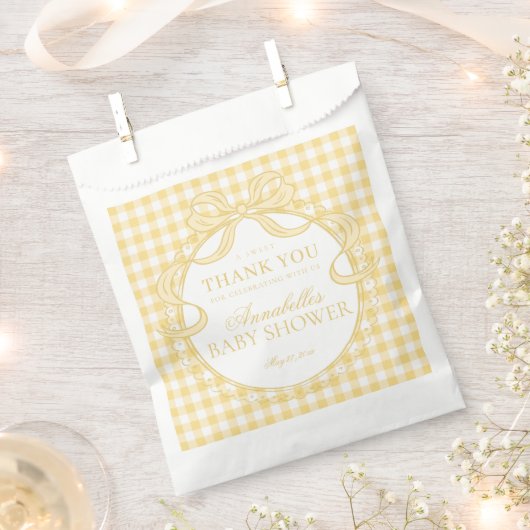 Gele Gingham Coquette Strik Babyshower Dessert Bedankzakje (Geknipt)