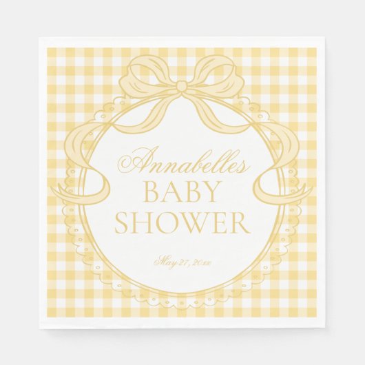 Gele Gingham Coquette Strik Babyshower Dessert Servet (Voorkant)