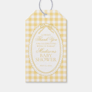 Gele Gingham Coquette Strik Babyshower Favoren Cadeaulabel