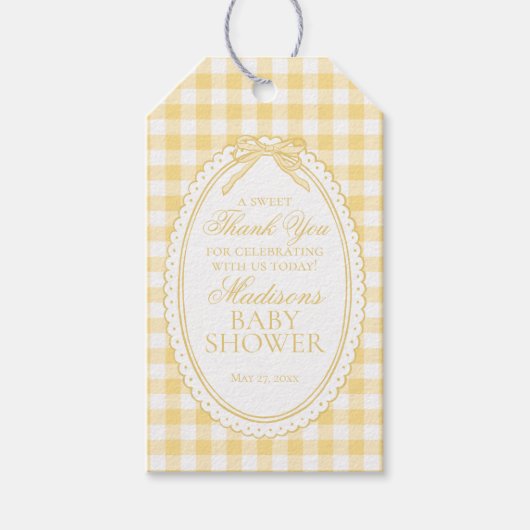 Gele Gingham Coquette Strik Babyshower Favoren Cadeaulabel (Voorkant)