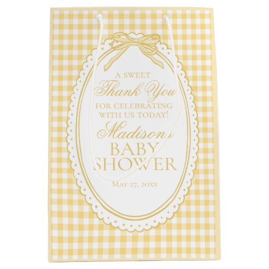 Gele Gingham Coquette Strik Babyshower Favoren Medium Cadeauzakje (Voorkant)