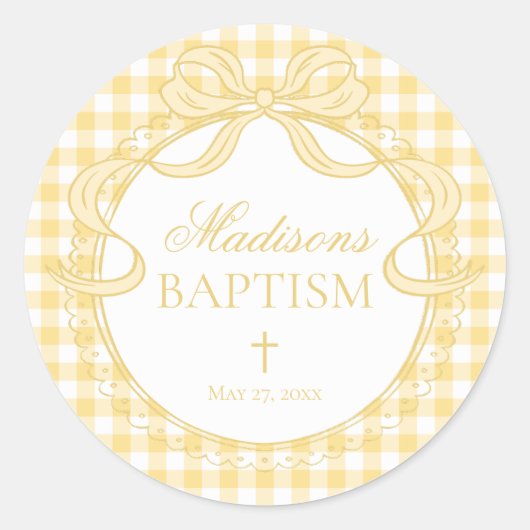 Gele Gingham Coquette Strik Baptism Envelopzegel Ronde Sticker (Voorkant)