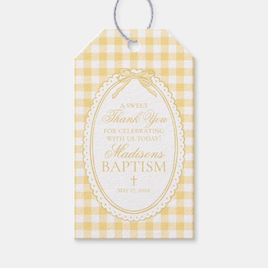 Gele Gingham Coquette Strik Doopgunsten Cadeaulabel (Voorkant)