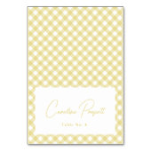 Gele gingham cute babyshower naam plaatskaart kaart (Voorkant)