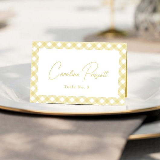 Gele gingham cute babyshower naam plaatskaart kaart