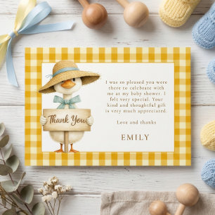 Gele Gingham Dwaze Gans Babyshower Dankkaart Kaart