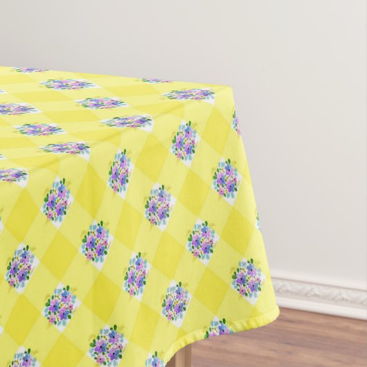 Gele Gingham en Paarse Blauwe Bloemen Land Tafelkleed (Voorbeeld)