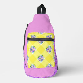 Gele Gingham en paarse bloemen Land Sling Bag