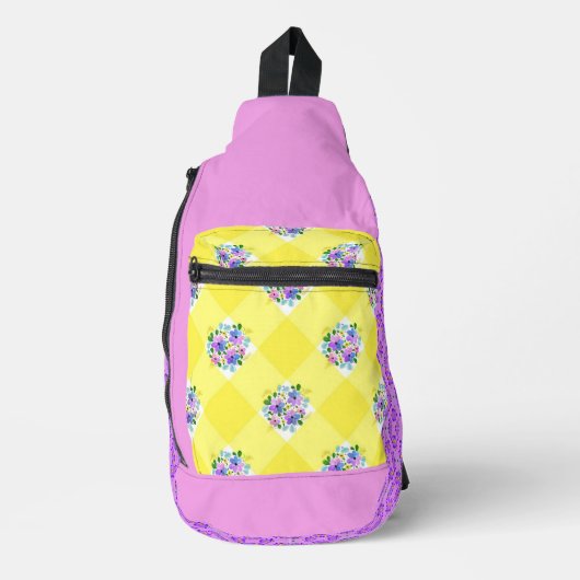 Gele Gingham en paarse bloemen Land Sling Bag (Voorkant)