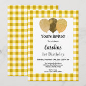 Gele Gingham, feestballonnen 1e verjaardag Kaart (Voorkant / Achterkant)