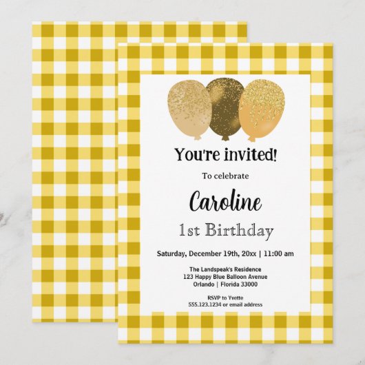 Gele Gingham, feestballonnen 1e verjaardag Kaart (Voorkant / Achterkant)