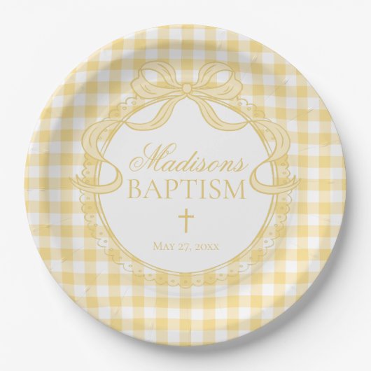 Gele Gingham Flirt Mutsje Doop Papieren Bordje (Voorkant)
