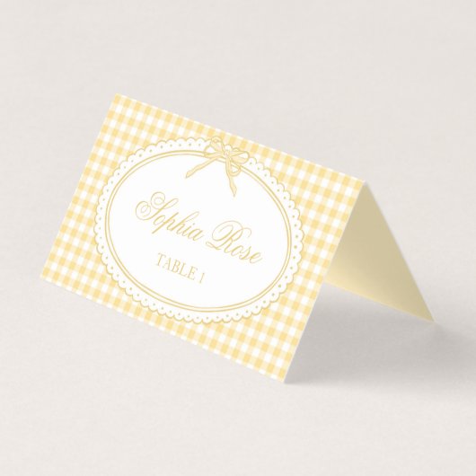 Gele Gingham Flirt Mutsje Tafelkaart Tafel Decorat Kaart (Voorkant)