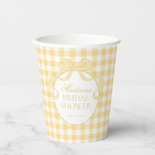 Gele Gingham Flirterige Strik Bruidsdouche Papieren Bekers (Voorkant)