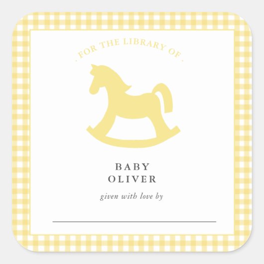 Gele Gingham Geslachtsneutrale Baby Bookplate Vierkante Sticker (Voorkant)