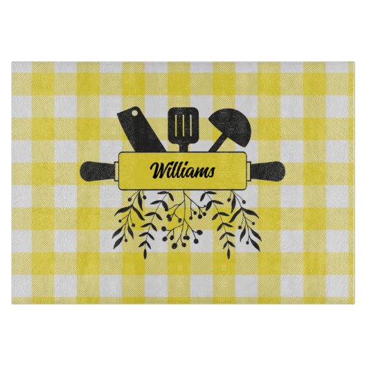 Gele Gingham Gourmet glazen snijplank (Voorkant)