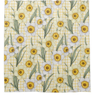 Gele Gingham Narcis Botanische Bloemmotief Douchegordijn