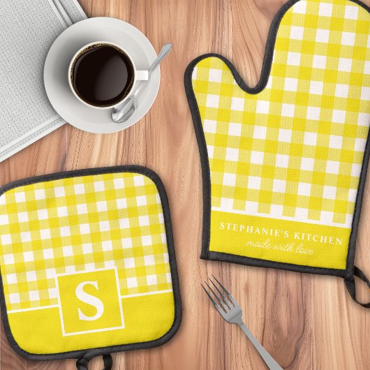 Gele Gingham Plaid Geruite Monogram Ovenwant & Pannenlap Set