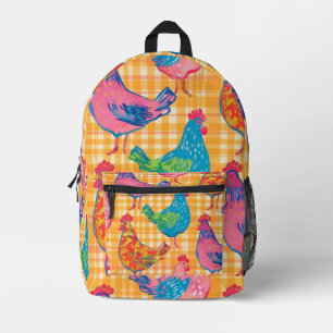 Gele Gingham print met veelkleurige kippen Bedrukte Rugzak