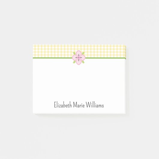 Gele Gingham Roze Bloem gepersonaliseerd Post-it® Notes (Voorkant)