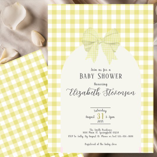 Gele Gingham Strik Geslacht Neutrale Baby Shower Kaart