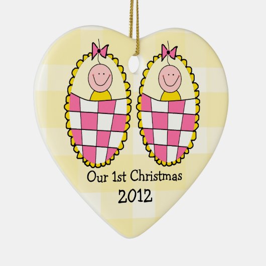 Gele Gingham Twin Girls Eerste Kerstmis Keramisch Ornament (Rechts)
