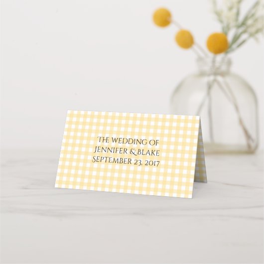 Gele Gingham Wedding Gevouwen Plaats Kaart Plaatskaartje (Achterkant)