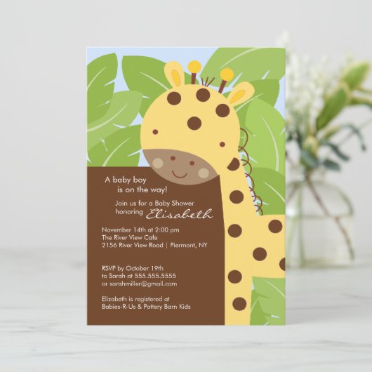 Gele Giraffe Baby shower Kaart (Staand voorkant)