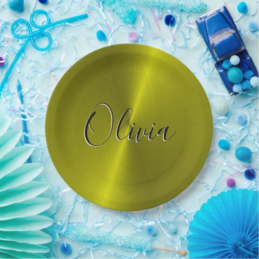 Gele glanzende faux metal papieren bordje (Feest)