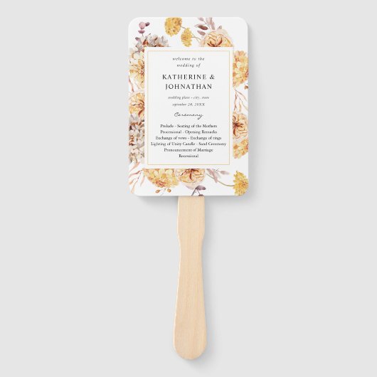 Gele Golden Floral Wedding Programme Hand Fan Handwaaier (Voorkant)