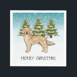 Gele Golden Retriever Blue Winter Christmas Servet<br><div class="desc">Destei's originele cartoon illustratie van een schattige gele vachtkleur Golden Retriever rashond. De hond wordt geplaatst in een winterscène met drie groene sparren en vallende sneeuw. De achtergrond is een blauw tot wit verloop, waardoor het ontwerp er die koude winterdag uitziet. Er is ook een gepersonaliseerd tekstgebied dat nu luidt:...</div>