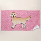 Gele Golden Retriever Cartoon Dog op roze harten Strandlaken (Voorkant)