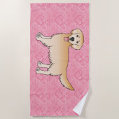Gele Golden Retriever Cartoon Dog op roze harten Strandlaken (Voorkant)