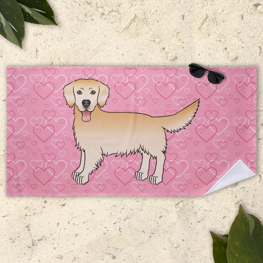 Gele Golden Retriever Cartoon Dog op roze harten Strandlaken