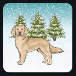 Gele Golden Retriever Dog Blue Snowy Christmas Vierkante Sticker<br><div class="desc">Destei's originele cartoon-illustratie van een schattige gele Golden Retriever-rashond. De hond wordt geplaatst in een winterscène met drie groene sparren en vallende sneeuw. De achtergrond is een blauw tot wit verloop,  waardoor het ontwerp er die koude winterdag uitziet.</div>